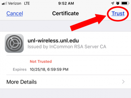 Image of the iOS Certificate configuation prompt, identifying the Trust button in the upper right hand corner 