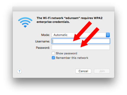 macOS Network Connection Dialog indicating where to enter username and password.