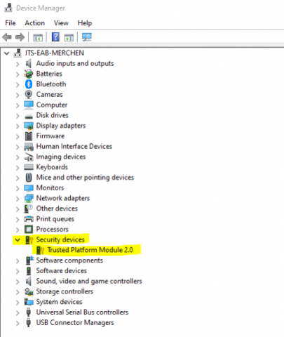Windows Device Manager showing the presence of a security device "Trusted Platform Module".