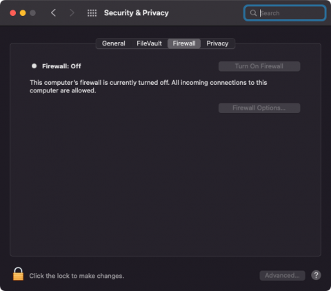 macOS Security and Privacy settings pane selected on the Firewall settings section.