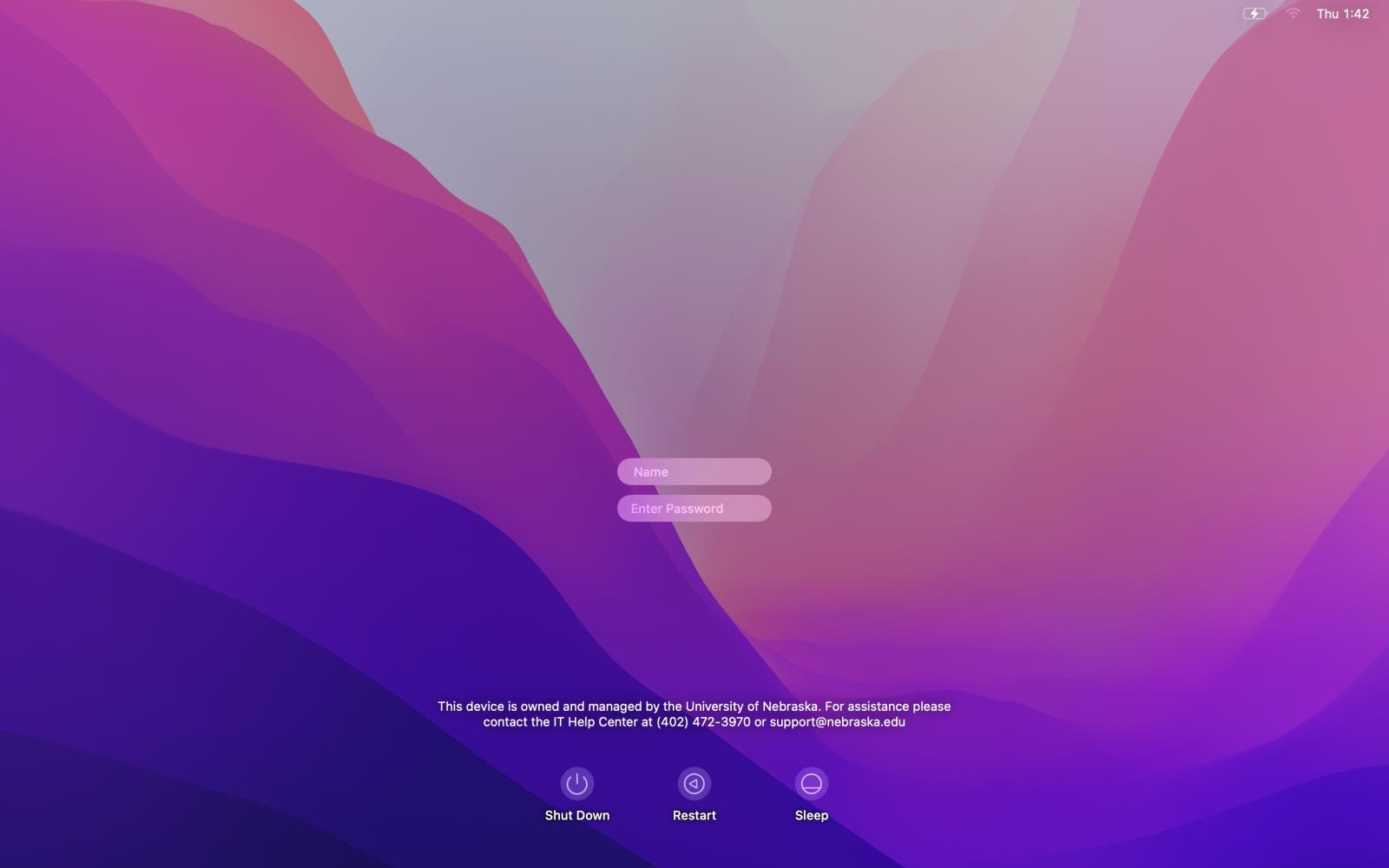 macOS 12 login window with username and password fields. At the bottom, the message "This device is owned and managed by the University of Nebraska. For assistance please contact the IT Help Center at (402) 472-3970 or support@nebraska.edu"