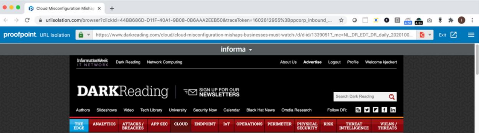 This image displays an example web browsing session opened in TAP Isolation