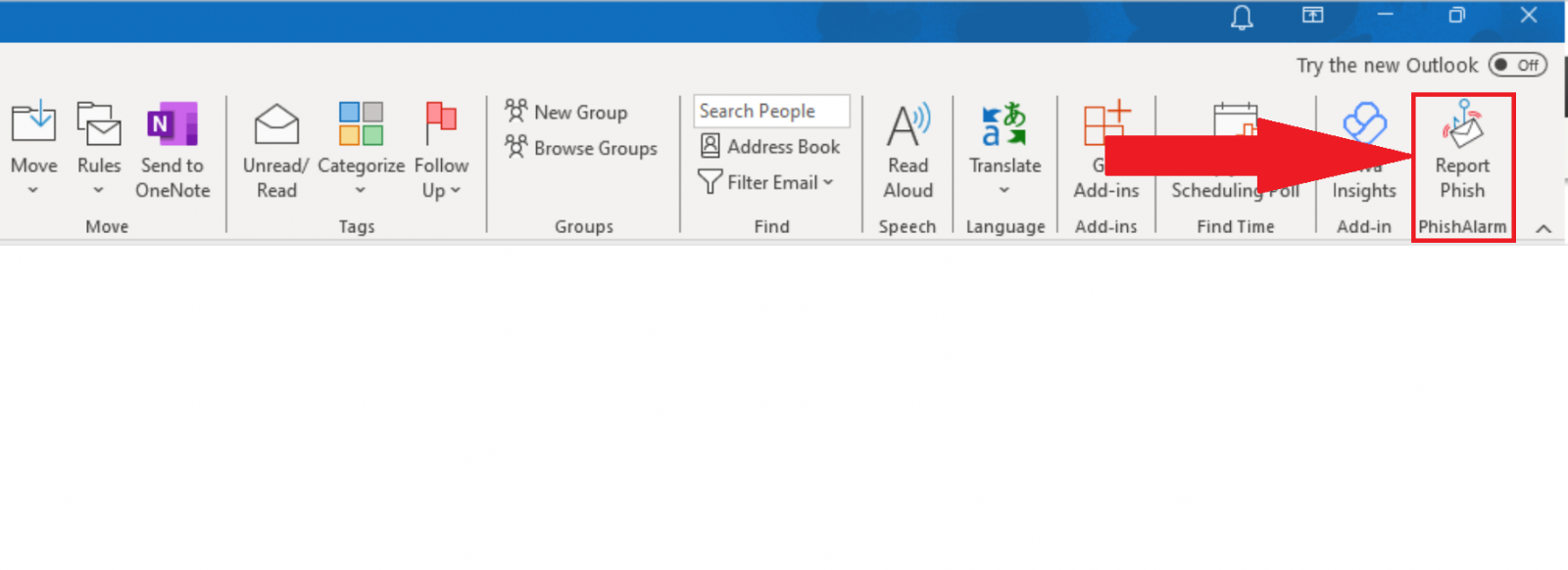 Image shows the top ribbon of an Outlook inbox